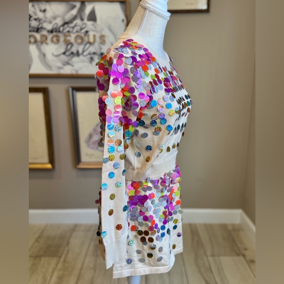New! SET! QUEEN OF SPARKLES Cream & Rainbow Paillette Sequin Skirt + Sweater Set - Picture 4 of 9